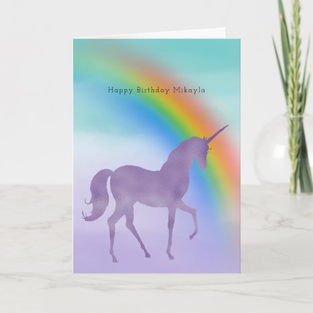 Girly Purple Unicorn Rainbow Personalized Name Card (Front)