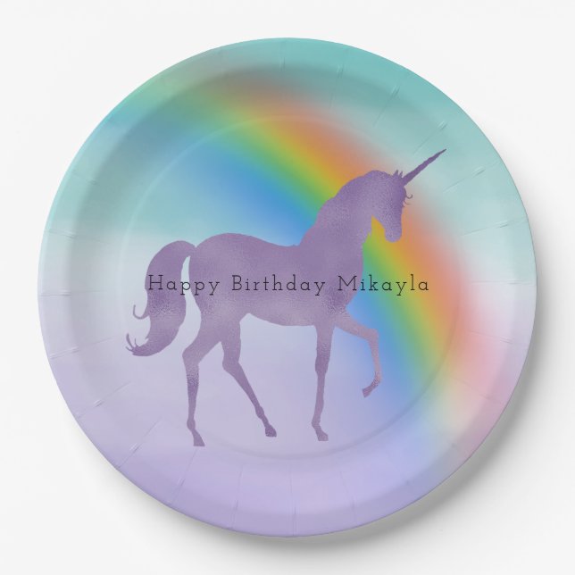 Girly Purple Unicorn Rainbow Personalized Paper Plate (Front)