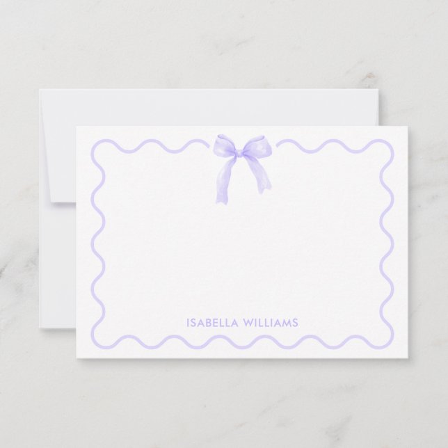 Girly Purple Watercolor Bow Personalized Note Card (Front)