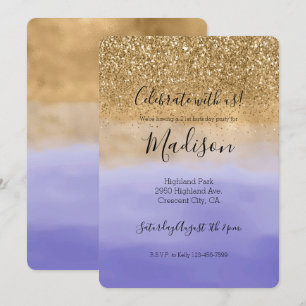 Girly Purple Watercolor Gold Glitter Invitation