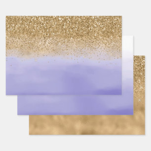 Girly Purple Watercolor Gold Glitter Wrapping Paper Sheet