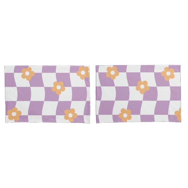 Girly Purple White Chequerboard Floral Pattern Pillowcase (Front-Set)