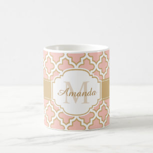 Girly Quatrefoil Moroccan Pink Coral Monogram Coffee Mug