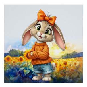Girly rabbit sunflower field poster