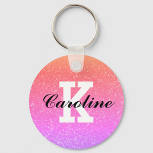 Girly rainbow colour glitter custom name monogram keychain