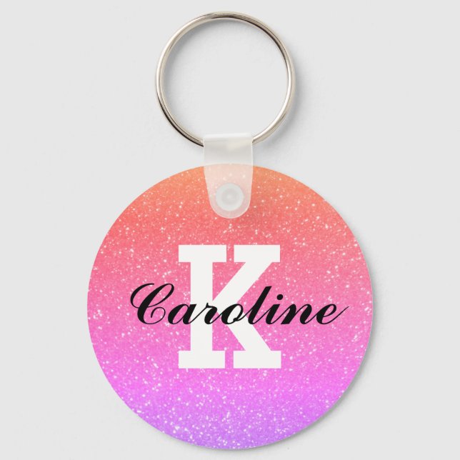 Girly rainbow colour glitter custom name monogram keychain (Front)
