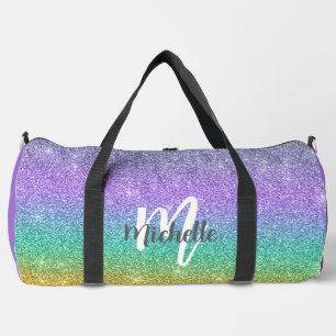 Girly Rainbow Faux Glitter Monogram Name Sports  Duffle Bag