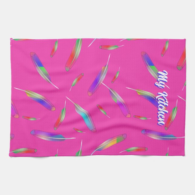 Girly Rainbow Feathers Hot Pink Script Kitchen Towel (Horizontal)