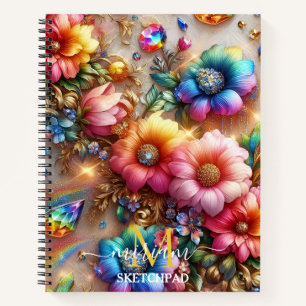 Girly Rainbow Floral Flower Monogram Notebook