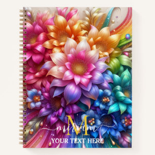 Girly Rainbow Floral Flower Monogram Notebook