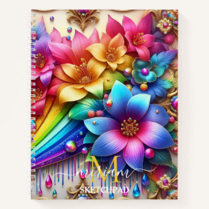 Girly Rainbow Floral Flower Monogram Notebook