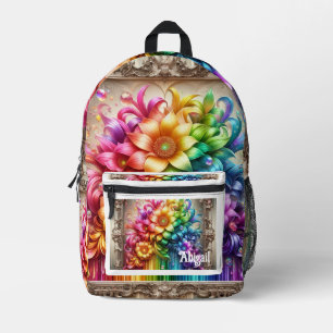 Girly Rainbow Flowers with Glitter Drips Backpack