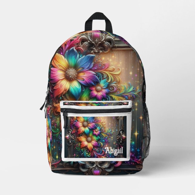 Girly Rainbow Flowers with Glitter Drips Backpack (Front)