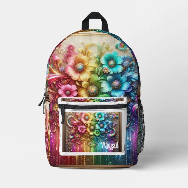 Girly Rainbow Flowers with Glitter Drips Backpack (Front)