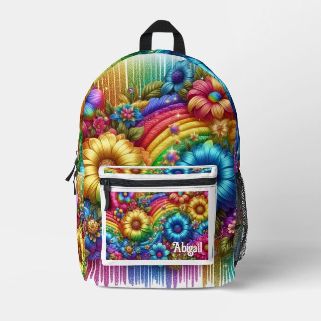 Girly Rainbow Flowers with Glitter Drips Backpack (Front)