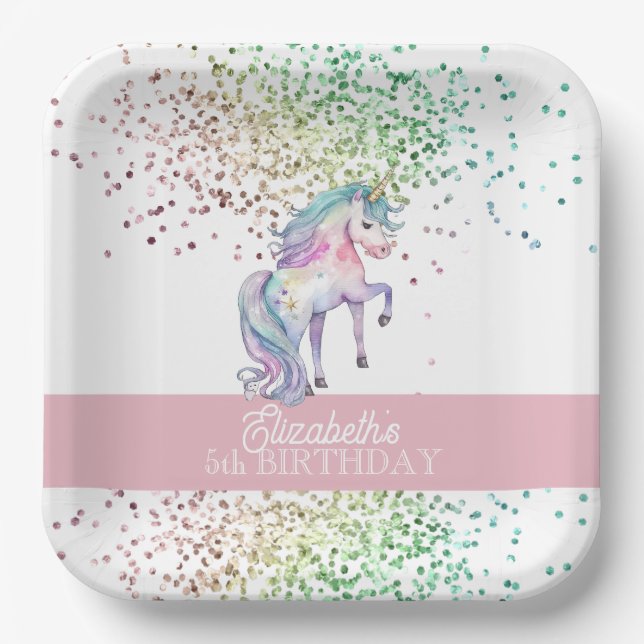 Girly Rainbow Glitter Magical Unicorn Birthday  Paper Plate (Front)