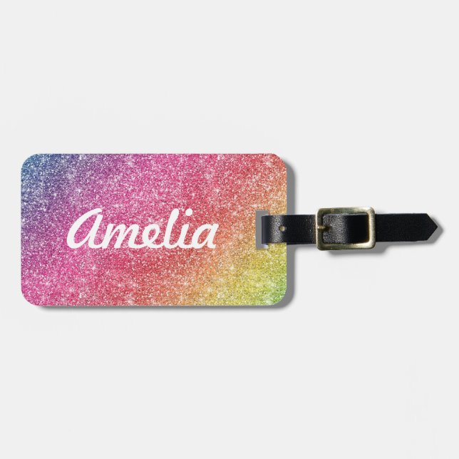 Girly Rainbow Glitter Monogram Name Luggage Tag (Front Horizontal)