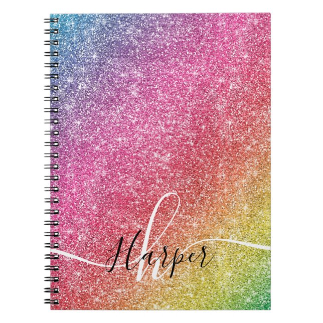 Girly Rainbow Glitter Monogram Name Notebook (Front)