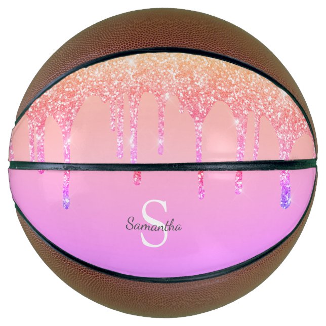 Girly Rainbow Glitter Sparkle Drips Monogram Name Basketball (Front)