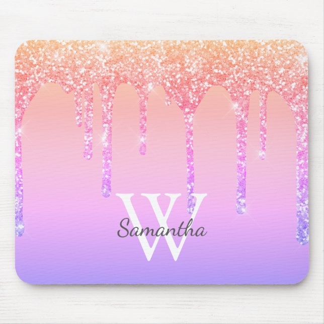Girly Rainbow Glitter Sparkle Drips Monogram Name Mouse Pad (Front)
