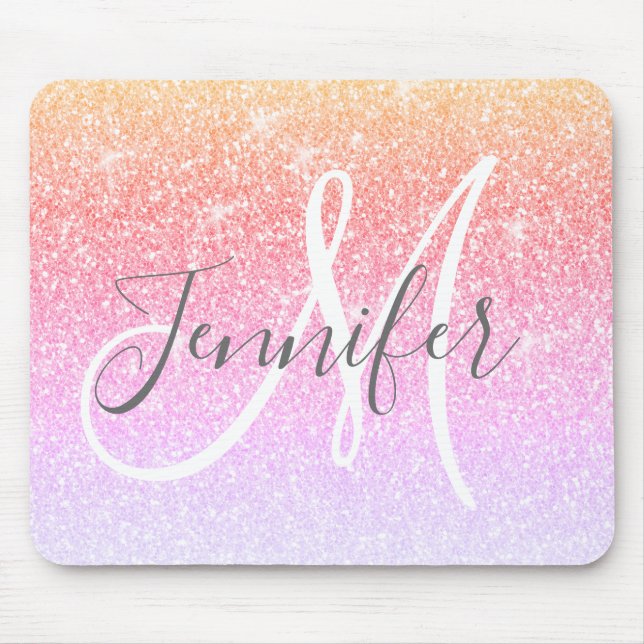Girly Rainbow Glitter Sparkles Monogram Name Mouse Pad (Front)