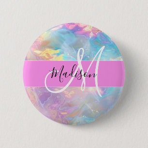 Girly Rainbow Holographic Iridescent Monogram Name 2 Inch Round Button