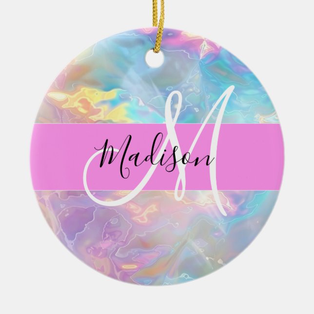 Girly Rainbow Holographic Iridescent Monogram Name Ceramic Ornament (Front)