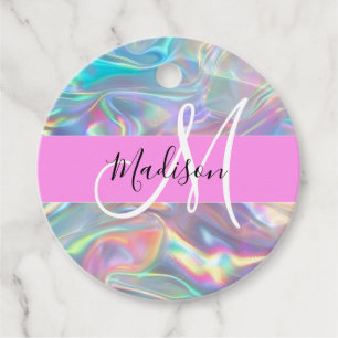 Girly Rainbow Holographic Iridescent Monogram Name Favour Tags