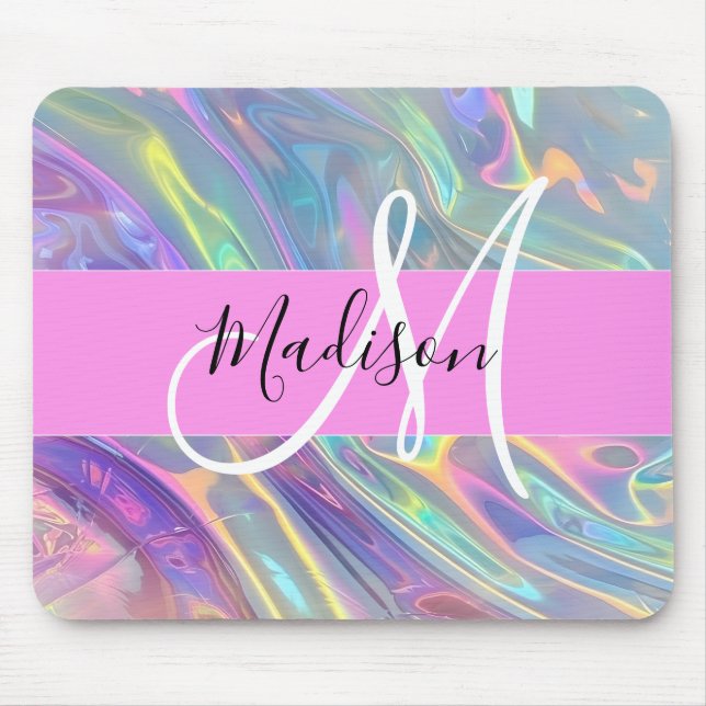 Girly Rainbow Holographic Iridescent Monogram Name Mouse Pad (Front)