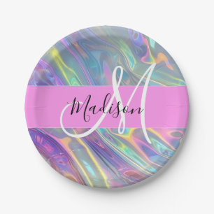 Girly Rainbow Holographic Iridescent Monogram Name Paper Plate