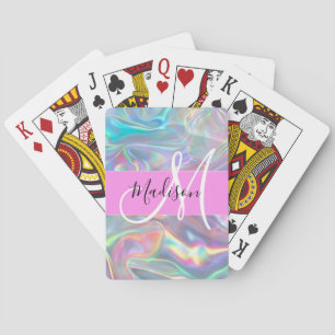Girly Rainbow Holographic Iridescent Monogram Name Playing Cards