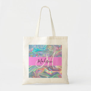 Girly Rainbow Holographic Iridescent Monogram Name Tote Bag