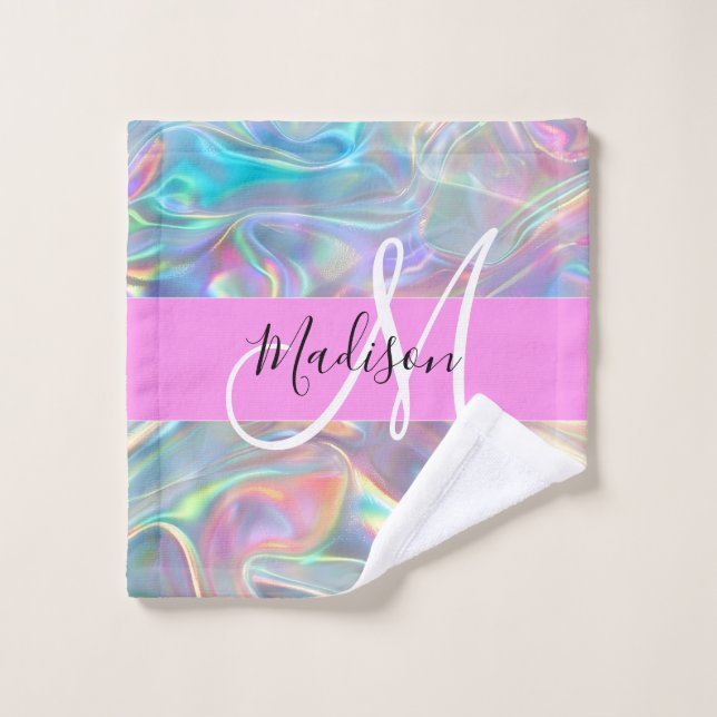 Girly Rainbow Holographic Iridescent Monogram Name Wash Cloth (Wash Cloth)