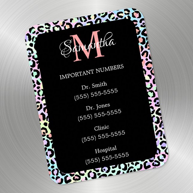 Girly Rainbow Leopard and Black Important Numbers Magnet (Creator Uploaded)