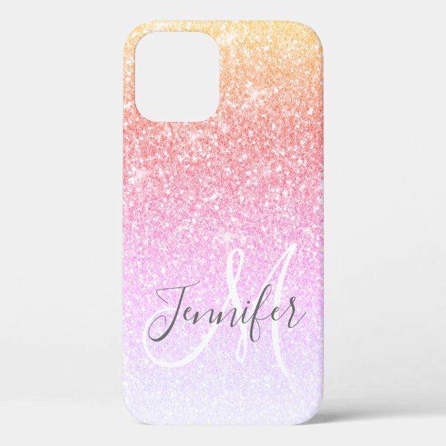 Girly Rainbow Pink Glitter Pink Monogram Name Case-Mate iPhone Case (Back)