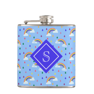 Girly Rainbow Rain Clouds Personalized Monogram Hip Flask