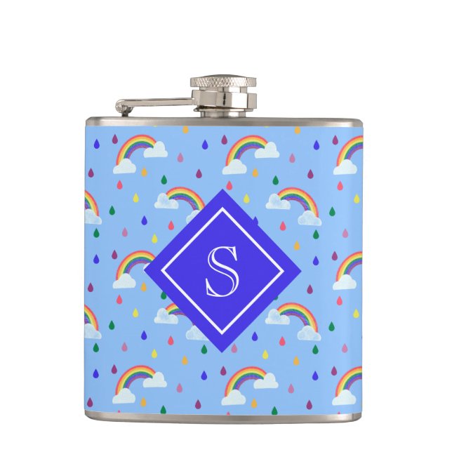 Girly Rainbow Rain Clouds Personalized Monogram Hip Flask (Front)