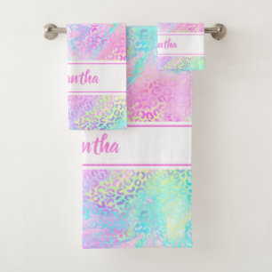 Girly Rainbow Shimmer Leopard Print Personalized Bath Towel Set