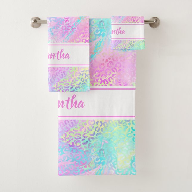 Girly Rainbow Shimmer Leopard Print Personalized Bath Towel Set (Insitu)