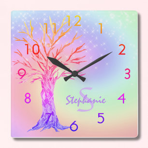 Girly Rainbow Sparkles Monogram Name  Square Wall  Square Wall Clock