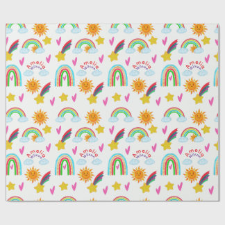 Girly Rainbow Sun Star Name Pattern for Kids Wrapping Paper