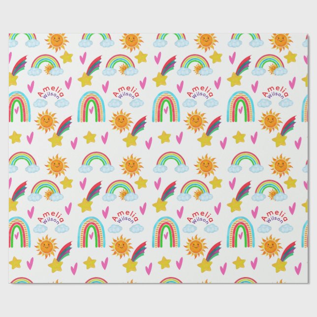 Girly Rainbow Sun Star Name Pattern for Kids Wrapping Paper (Flat)