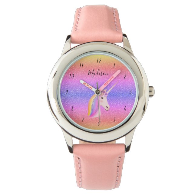 Girly Rainbow Unicorn Pastel Pink Glitter Kids Watch (Front)