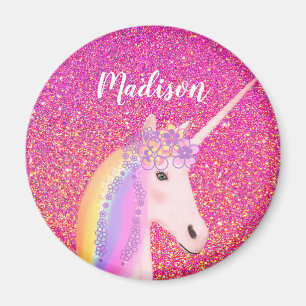 Girly Rainbow Unicorn Pink Glitter Personalized Magnet