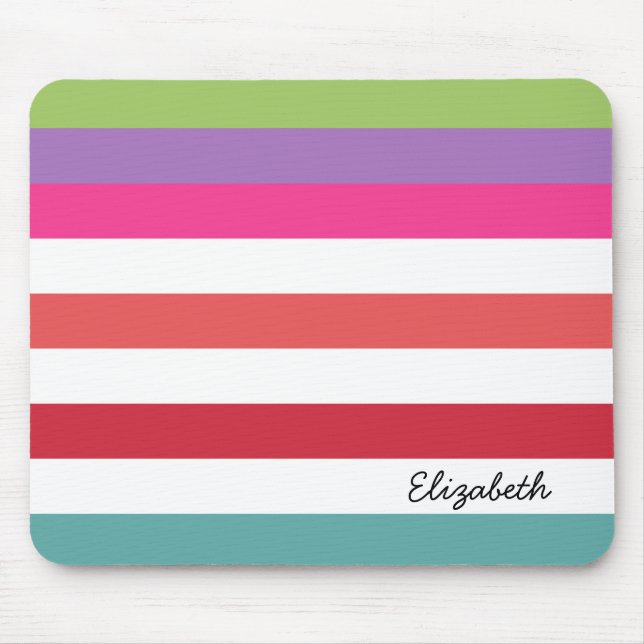 Girly Rainbow Wide Horizontal Stripes With Name Mouse Pad (Front)