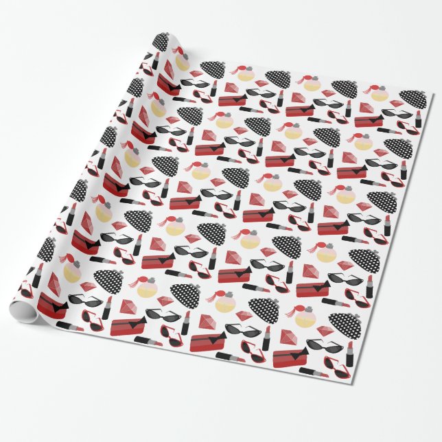 Girly Red Accessories Wrapping Paper (Unrolled)