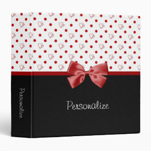 Girly Red and Black Polka Dot Hearts Bow With Name Binder
