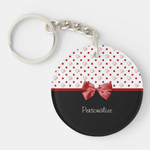 Girly Red and Black Polka Dot Hearts Bow With Name Keychain