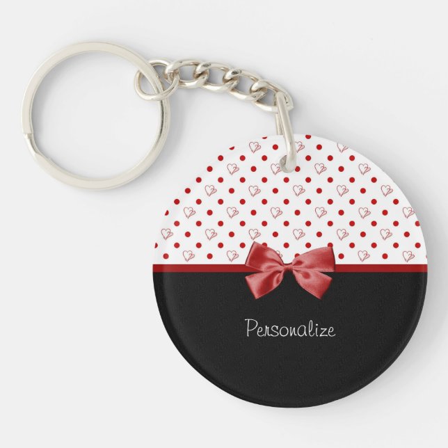 Girly Red and Black Polka Dot Hearts Bow With Name Keychain (Front)