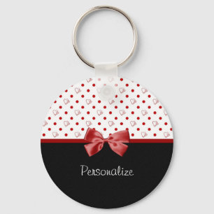 Girly Red and Black Polka Dot Hearts Bow With Name Keychain